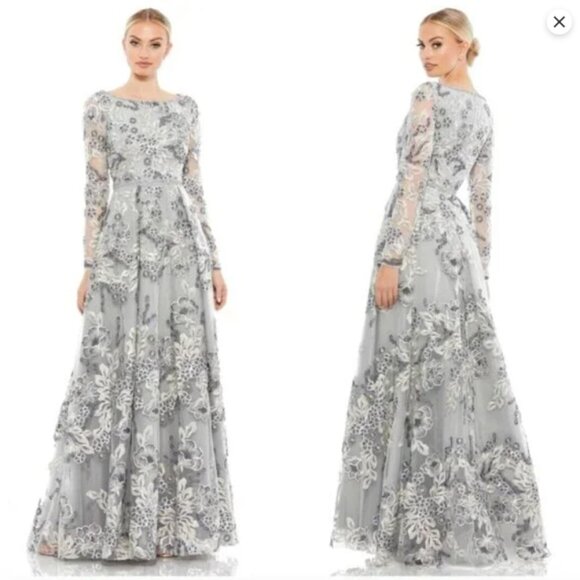 MAC DUGGAL 11185 FLORAL EMBELLISHED ILLUSIONS SLEEVE A-LINE PLATINUM GOWN sz 10 - Picture 3 of 3